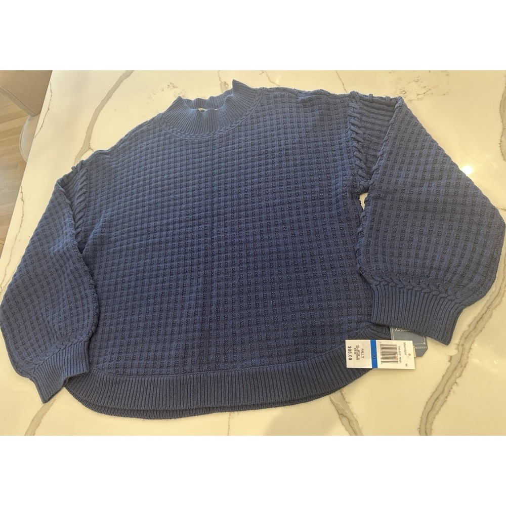New Democracy Sweater XL Textured Navy Blue Sleeve Detail Extra Large Mock Neck